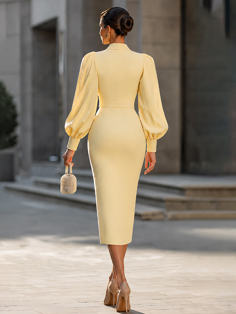 Bishop-Sleeve Wrap-Front Tailored Midi Dress