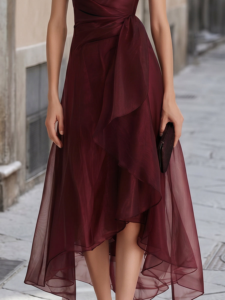 Asymmetrical Organza Formal Midi Gown