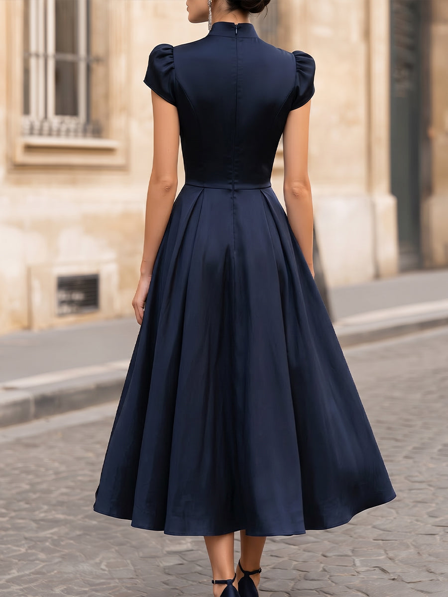 Stand Mock Neck Ruched Waist Flared Satin Midi Dress