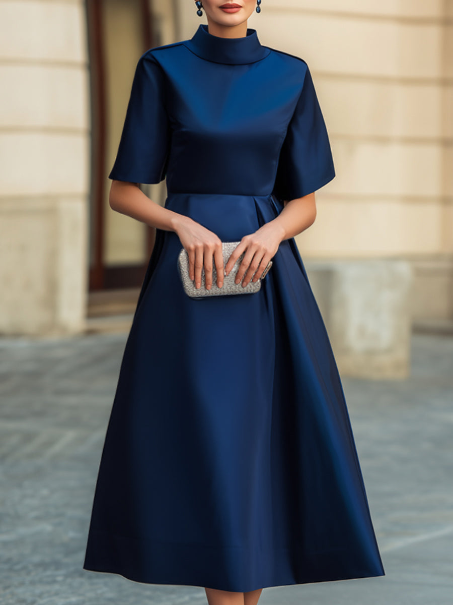 Mock Neck Short Sleeve Glossy Satin Midi Dress