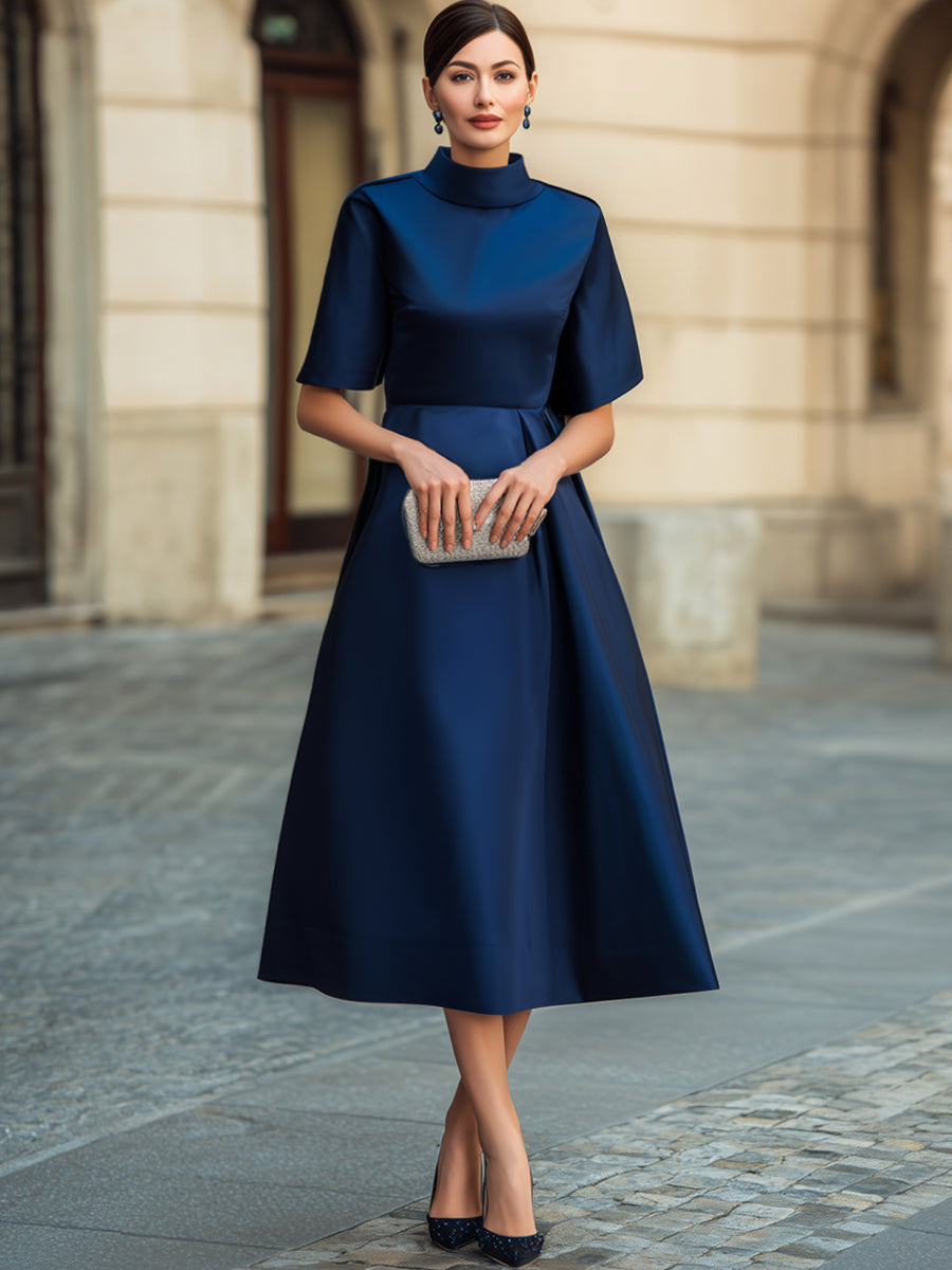Mock Neck Short Sleeve Glossy Satin Midi Dress