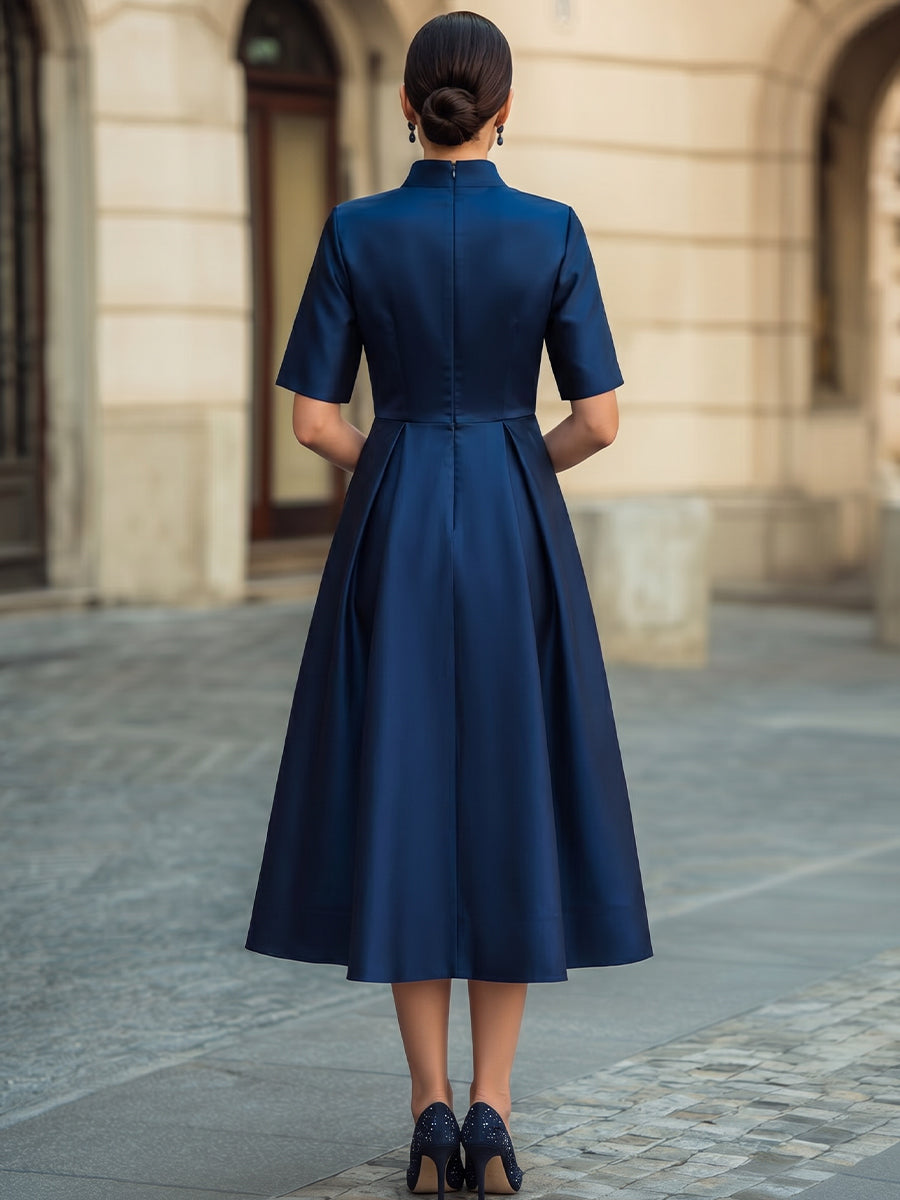 Mock Neck Short Sleeve Glossy Satin Midi Dress