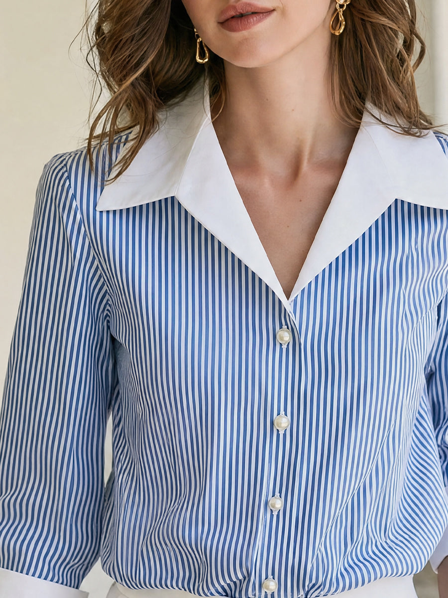 Contrast White Collar Cuff Blue PinStripe Pearl Button Shirt