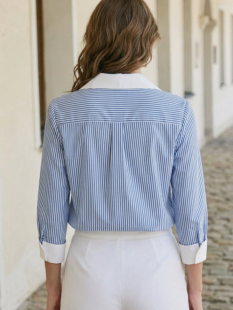 Contrast White Collar Cuff Blue PinStripe Pearl Button Shirt