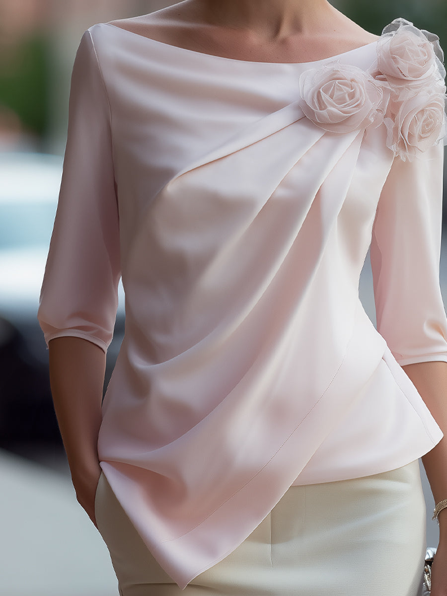 3D Floral Draped Chiffon Asymmetric Top