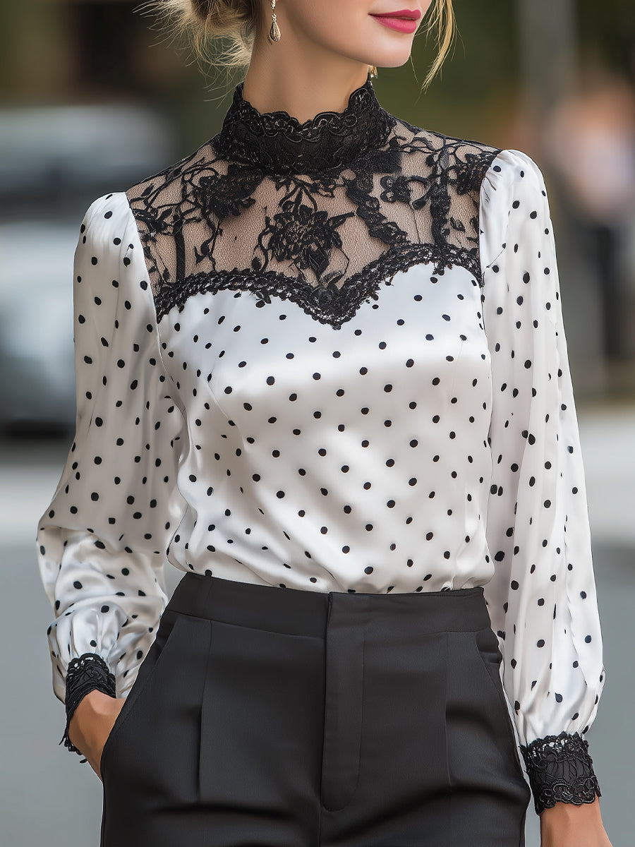 Polka-Dot Satin Lace-Yoke Long-Sleeve Blouse
