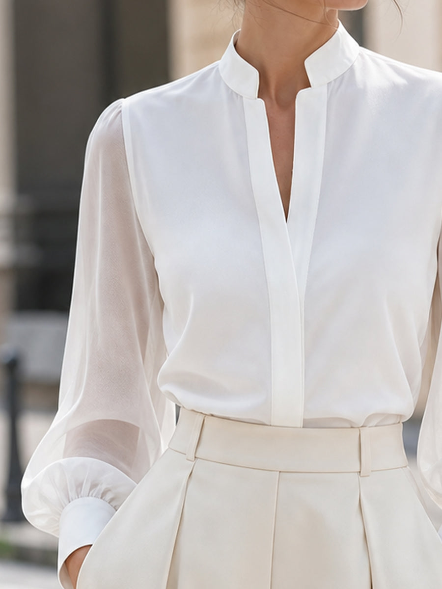 Stand Collar Split V Neck Sheer Lantern Long Sleeve Blouse