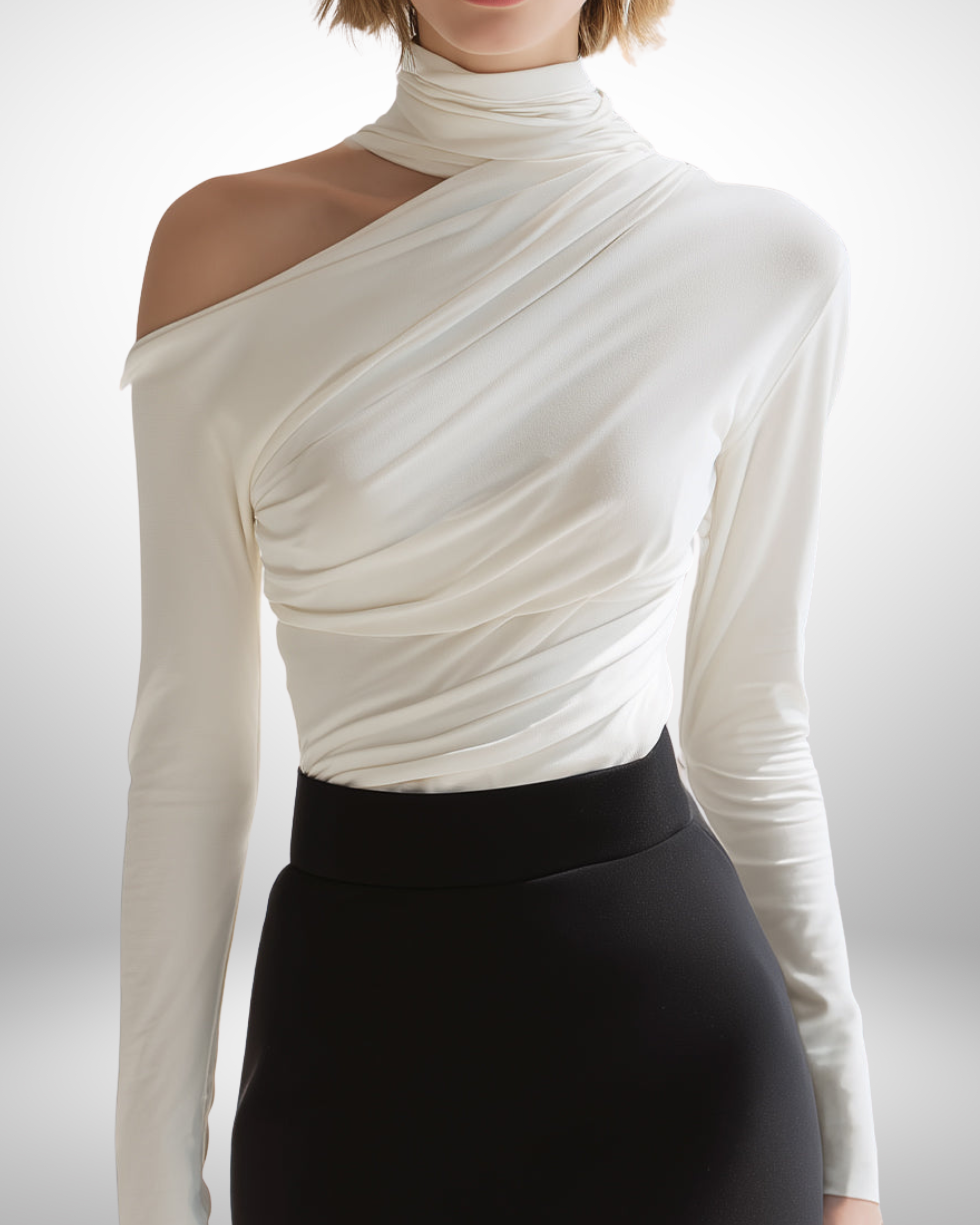 Asymmetric Draped High-Neck Long Sleeve Top