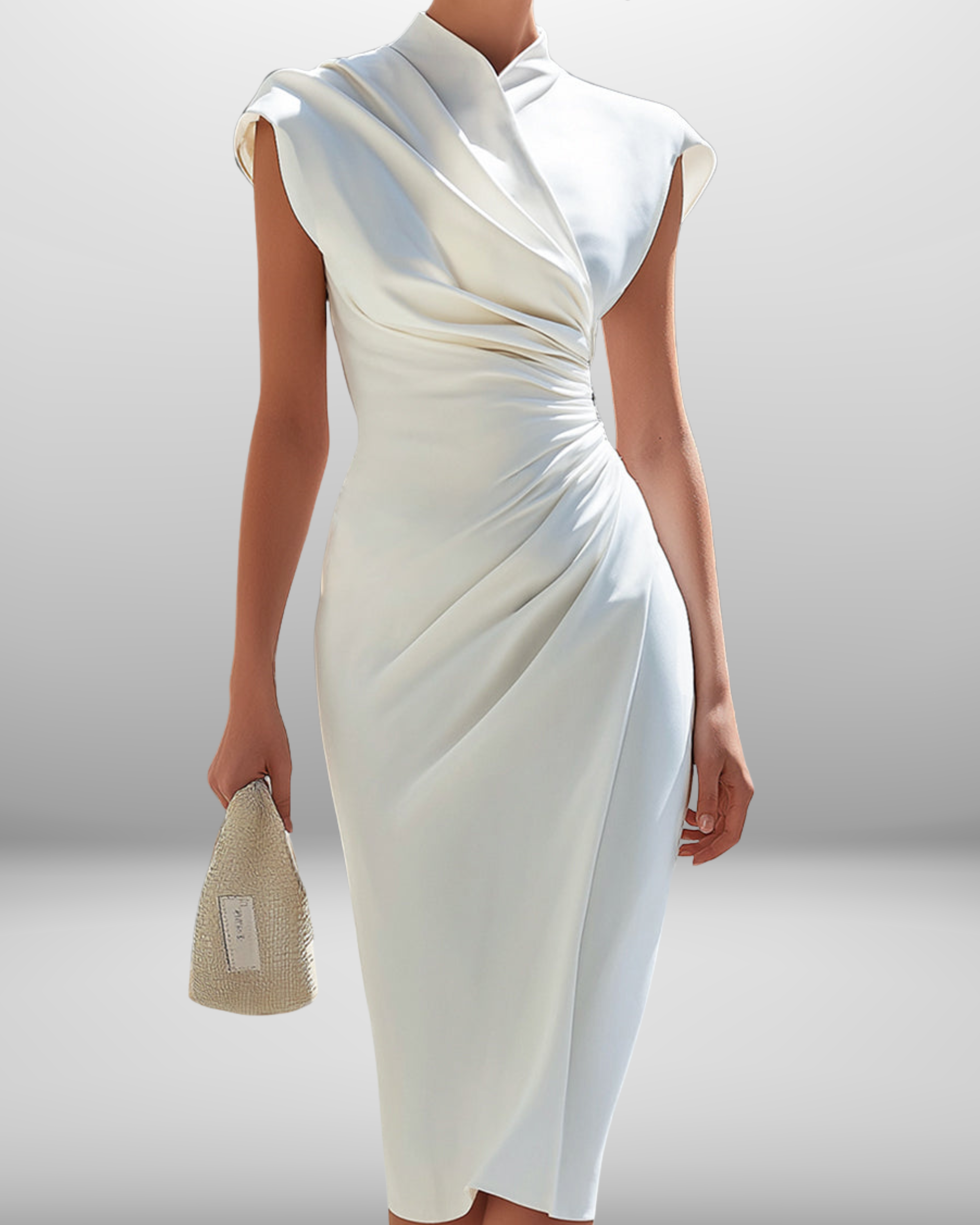 Asymmetric Draped High-Neck Sculpted Midi Dress