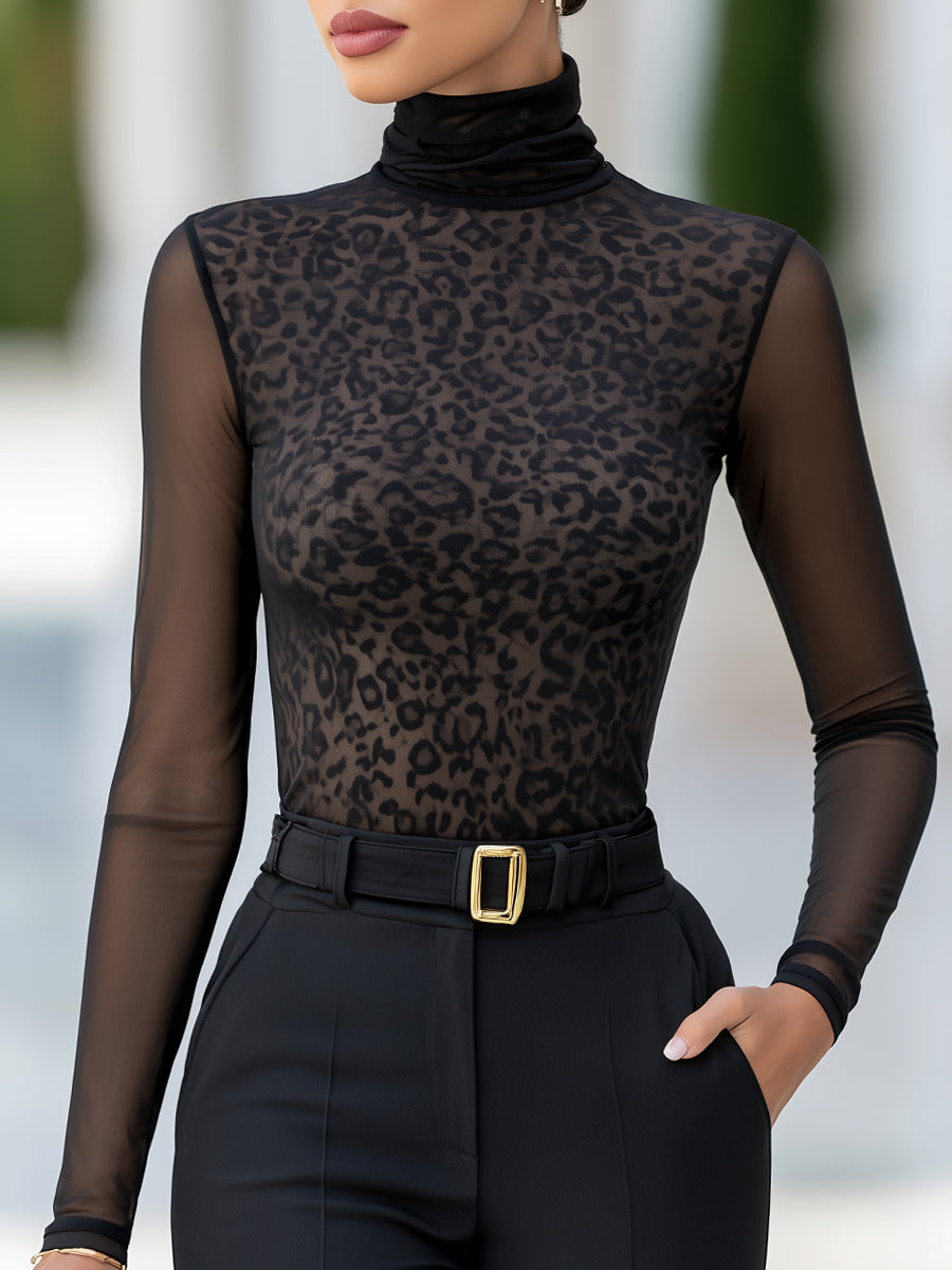 Sheer Mesh Leopard Pattern High-Neck Blouse