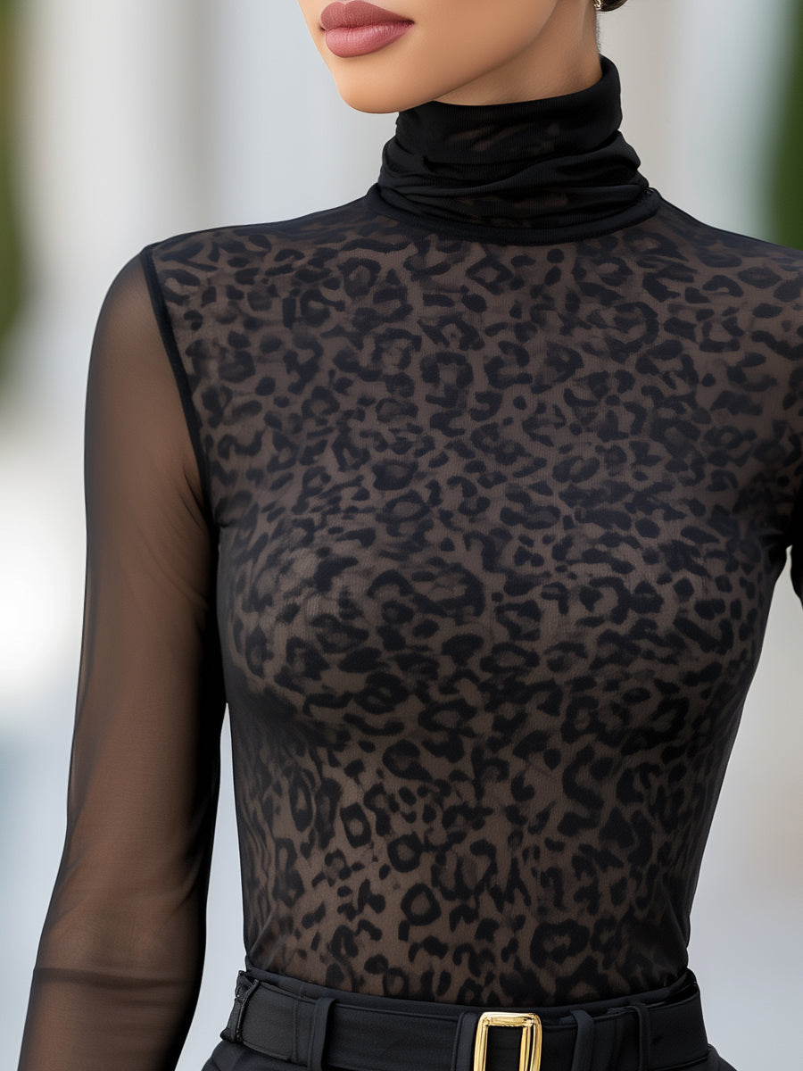 Sheer Mesh Leopard Pattern High-Neck Blouse
