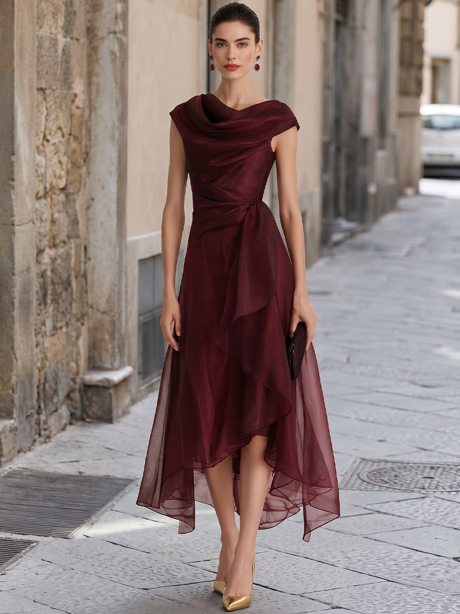 Asymmetrical Organza Formal Midi Gown