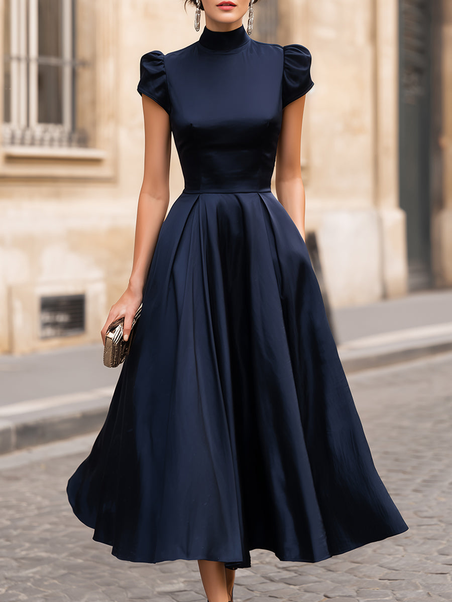 Stand Mock Neck Ruched Waist Flared Satin Midi Dress