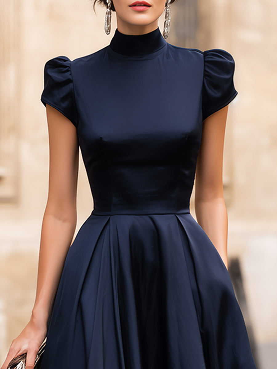 Stand Mock Neck Ruched Waist Flared Satin Midi Dress