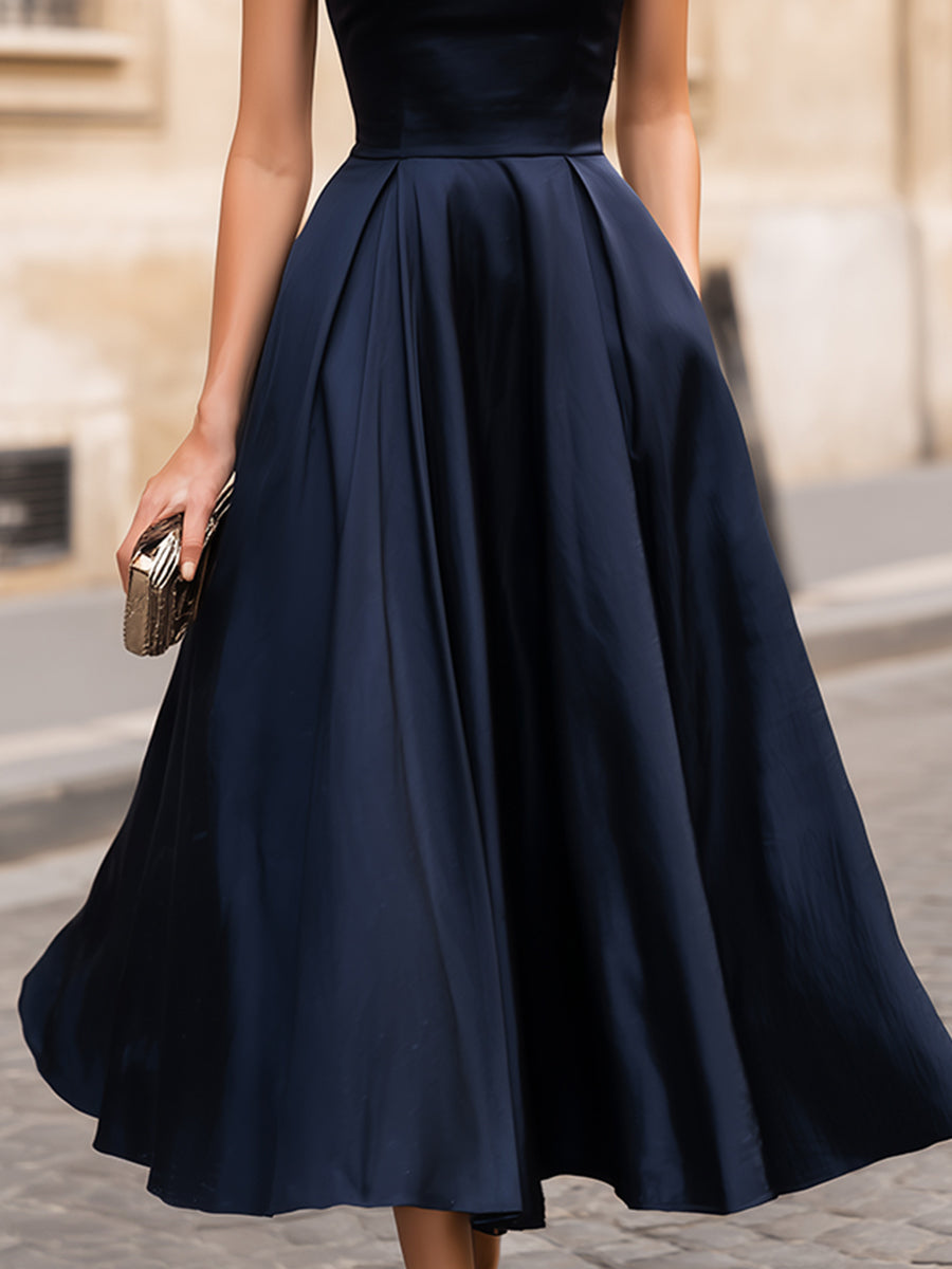 Stand Mock Neck Ruched Waist Flared Satin Midi Dress