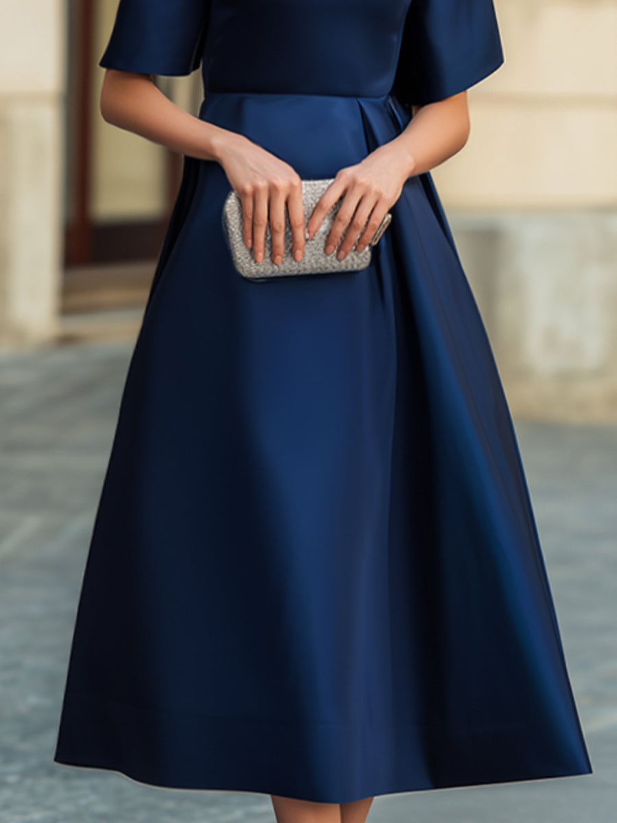 Mock Neck Short Sleeve Glossy Satin Midi Dress