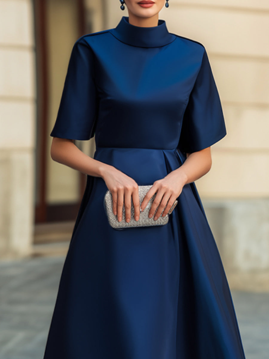 Mock Neck Short Sleeve Glossy Satin Midi Dress