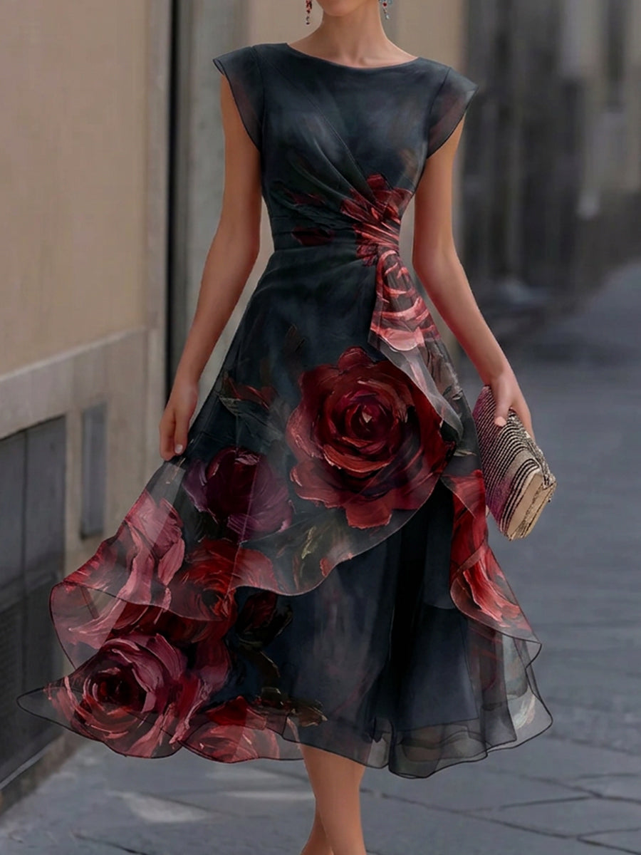 Elegant Floral Boat Neck Layered Organza High-Low Midi Gown