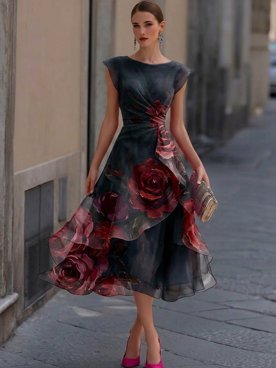Elegant Floral Boat Neck Layered Organza High-Low Midi Gown