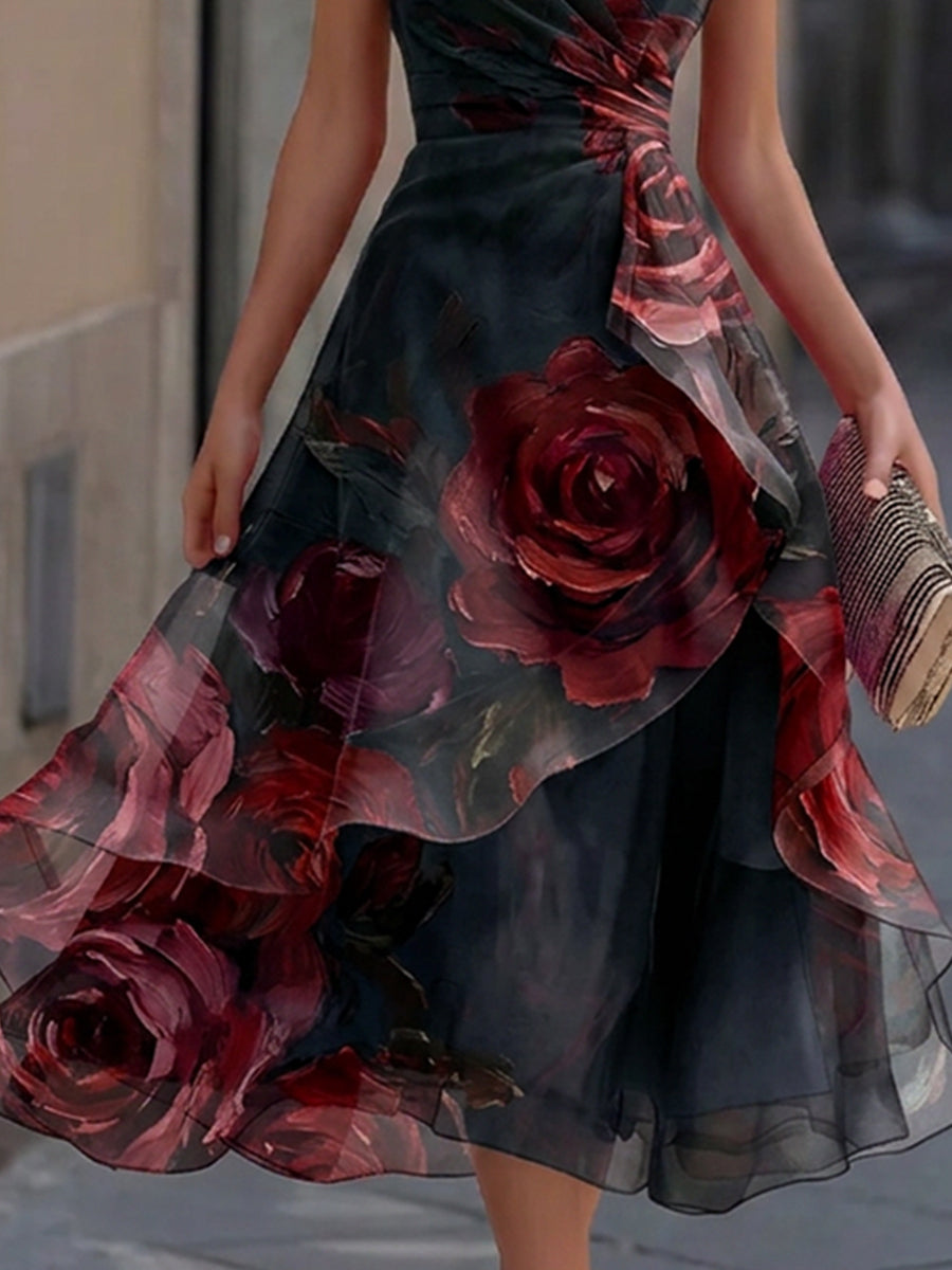 Elegant Floral Boat Neck Layered Organza High-Low Midi Gown