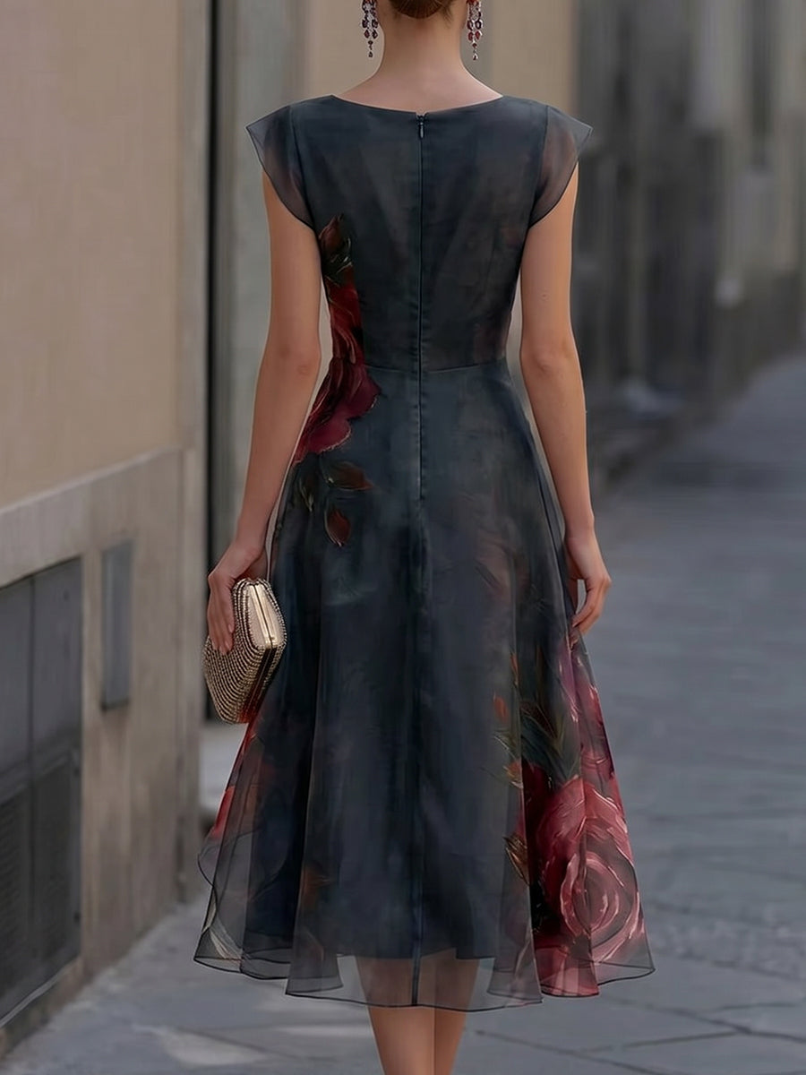 Elegant Floral Boat Neck Layered Organza High-Low Midi Gown