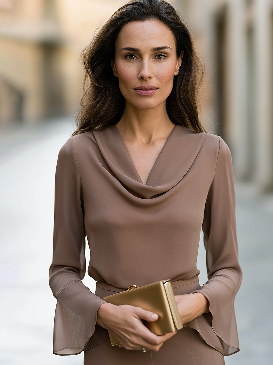 Draped Cowl Neck Flare Sleeve Blouse