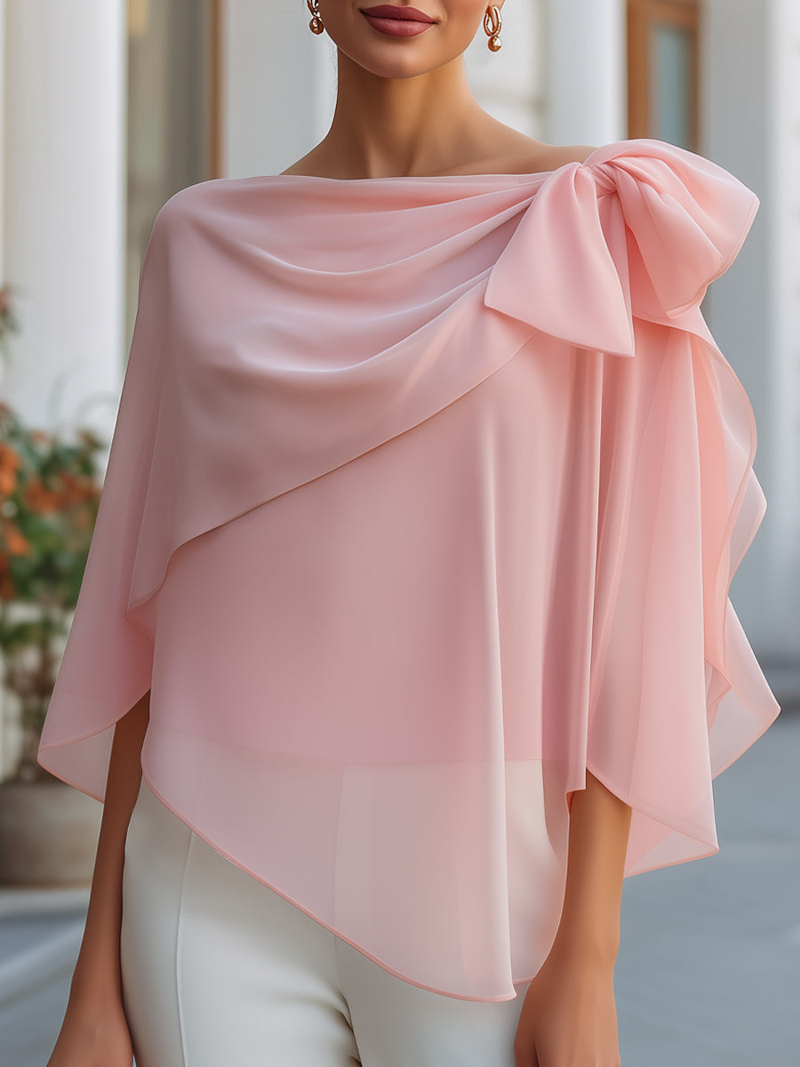Asymmetric Bow Draped Chiffon Blouse