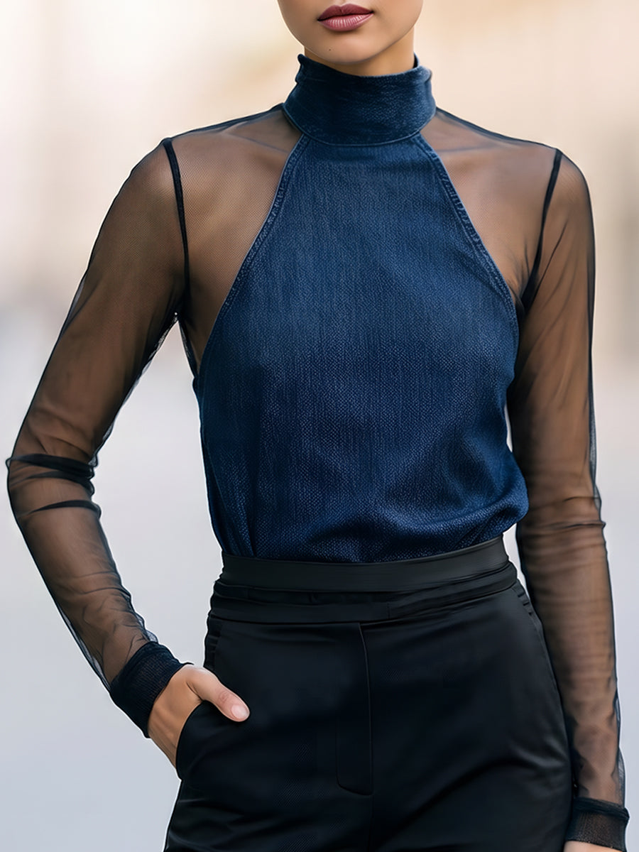Sheer Mesh Sleeve Velvet Mock Neck Blouse
