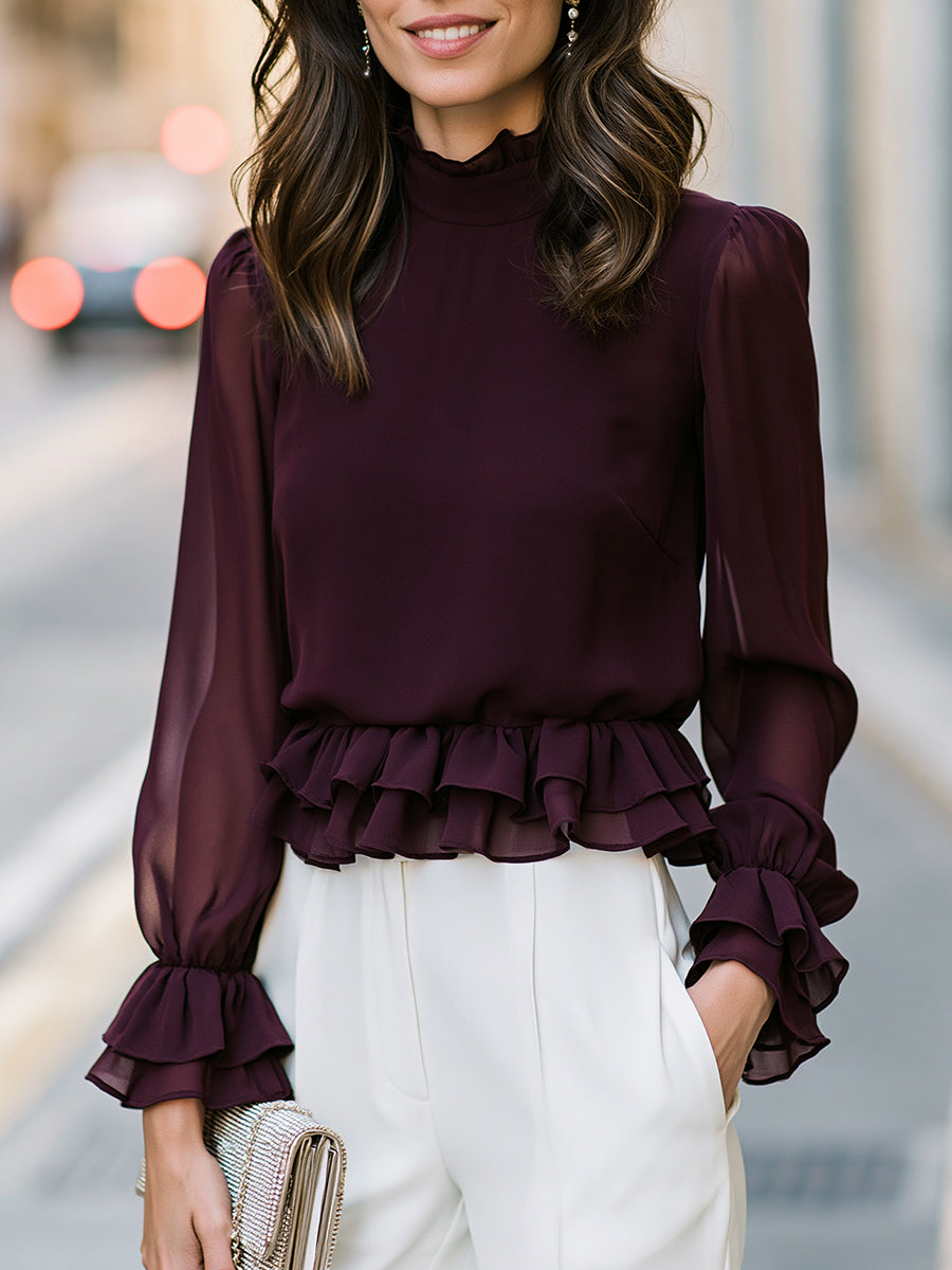 Ruffled Mock Neck Peplum Blouse