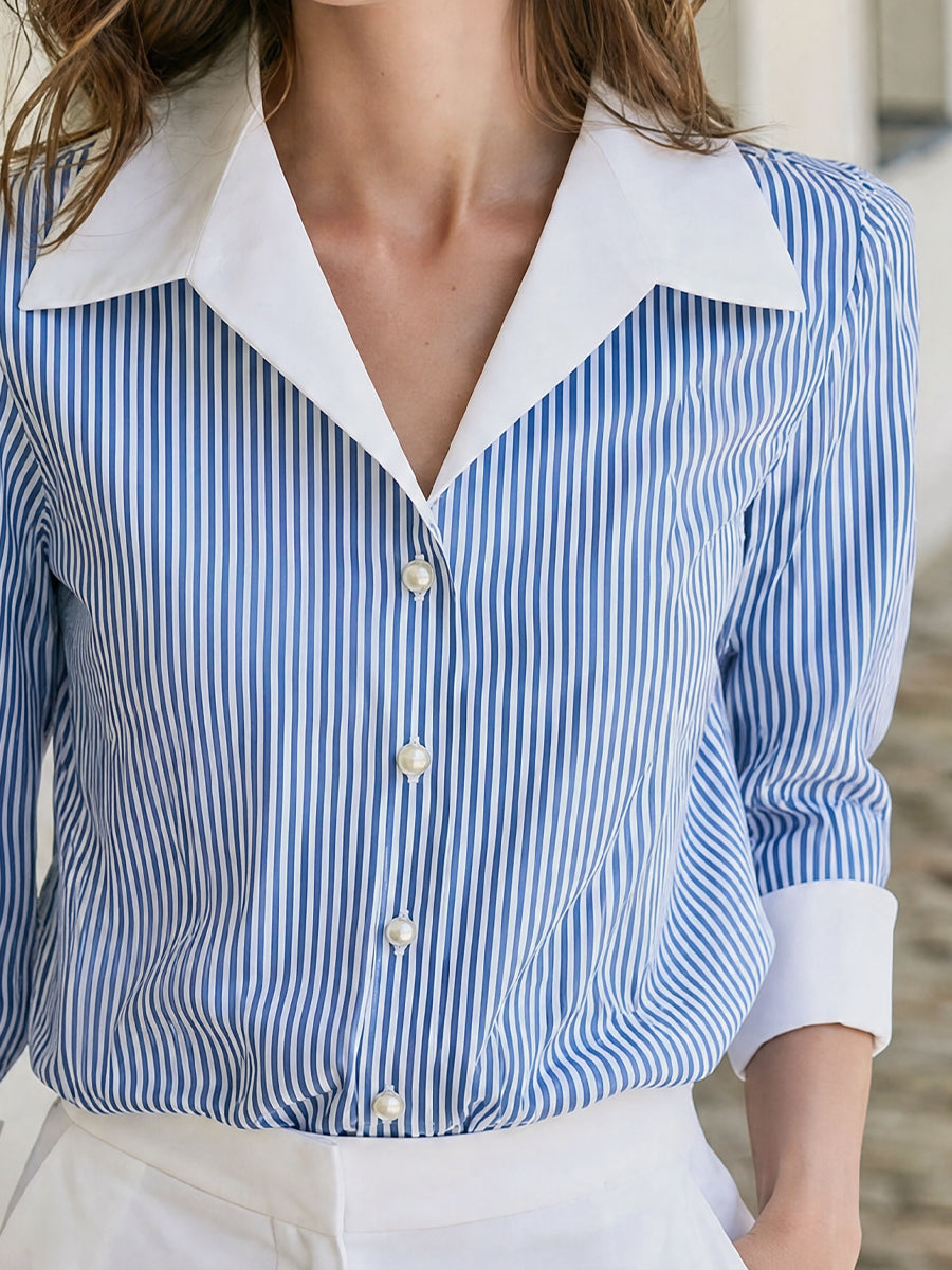 Contrast White Collar Cuff Blue PinStripe Pearl Button  Shirt