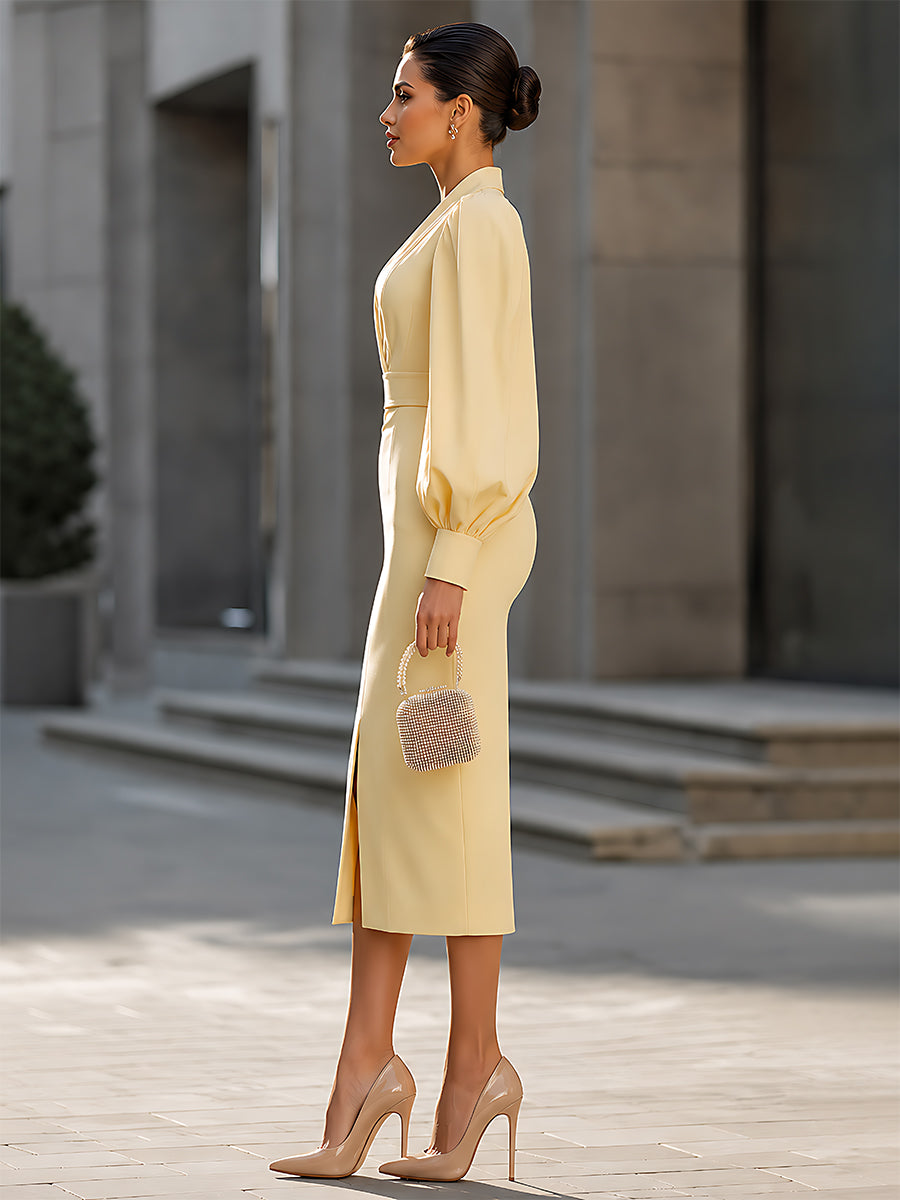 Bishop-Sleeve Wrap-Front Tailored Midi Dress
