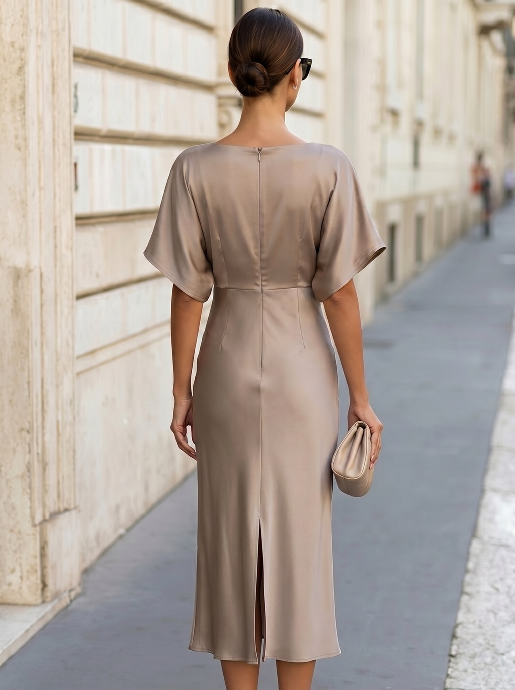 Elegant Satin Wrap Midi Dress With Draped Cape Sleeves